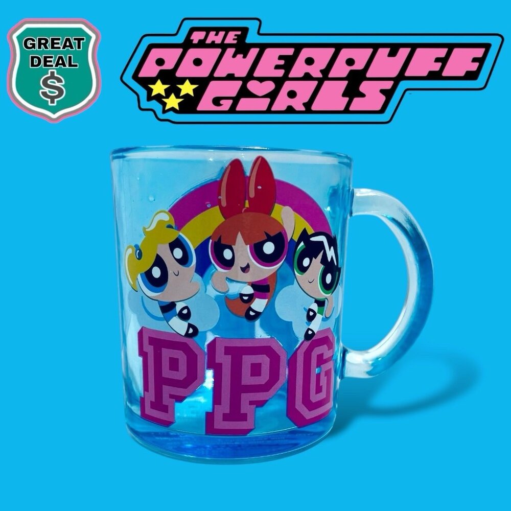 The Powerpuff Girls Clear Blue Glass Coffee Mug. Holds 17.5 Ounces (517 ml) NEW!
